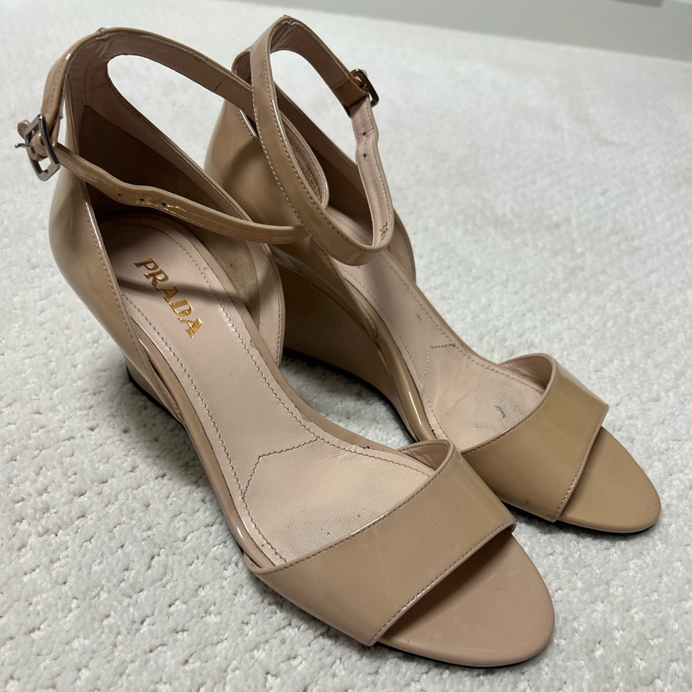 Prada Women's Tan Patent Wedge Sandals